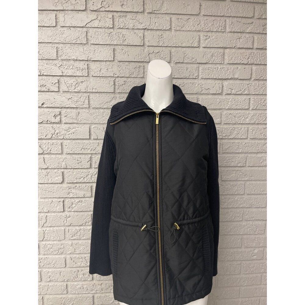 Jones New York Women's Black Front Zip-Up Quilt Kint Sweater Jack PM